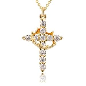 Gold and Silver Diamond Cross and Crown Pendant Necklace